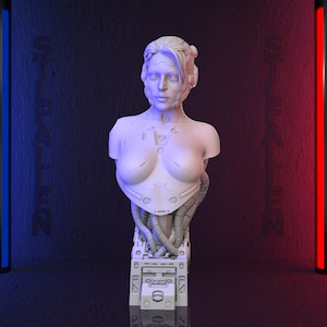 May include: A white bust sculpture of a woman with a mechanical body. The sculpture is on a base with a textured surface. The background is a dark blue and red gradient.