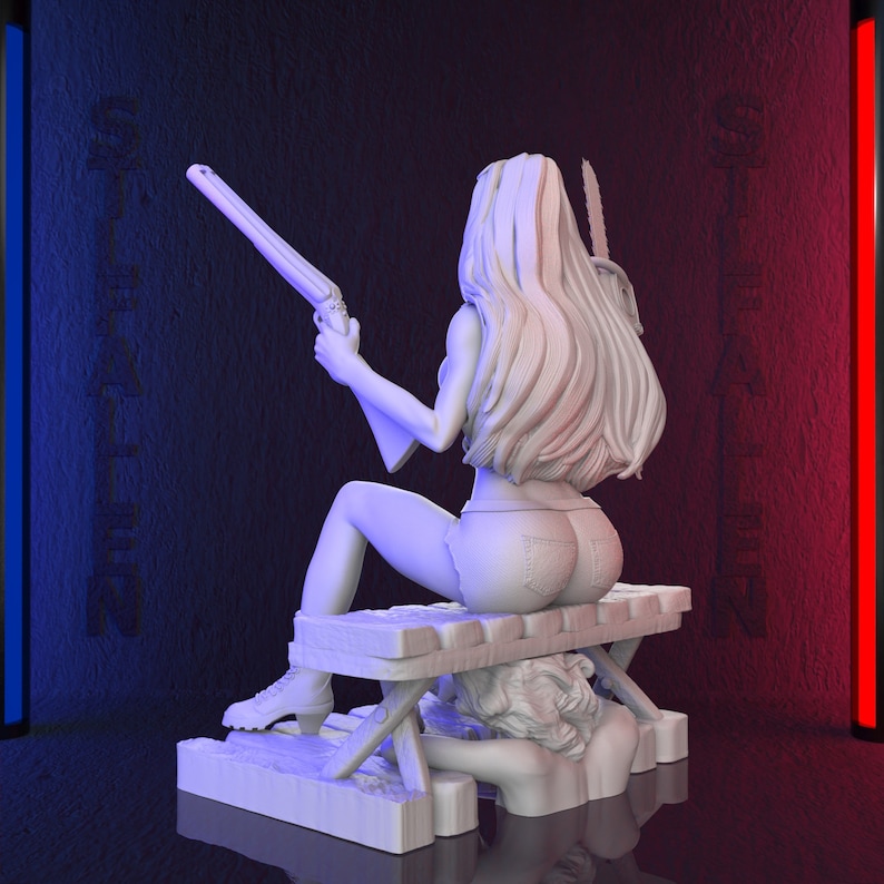May include: A white figurine of a person with long hair, wearing denim shorts and boots, holding a shotgun and a chainsaw. The person is seated on a wooden bench. The background is dark with the text "STAINLESS" on the wall.