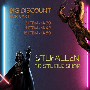 Puede incluir: Una ilustraci&oacute;n digital de Darth Vader y Wolverine de pie en lados opuestos de un fondo de color rosa y azul ne&oacute;n. El texto "BIG DISCOUNT FOR CART" se muestra en amarillo. El texto "3 ITEM - % 30, 6 ITEM - % 40, 10 ITEM - % 50" se muestra en amarillo. El texto "STLFALLEN 3D STL FILE SHOP" se muestra en amarillo.
