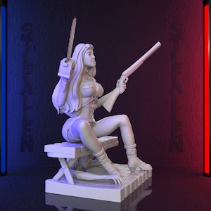 May include: A white figurine of a woman seated on a bench, holding a chainsaw and a shotgun. The woman is wearing a short-sleeved top, shorts, and boots. The background is a gradient of blue and red.