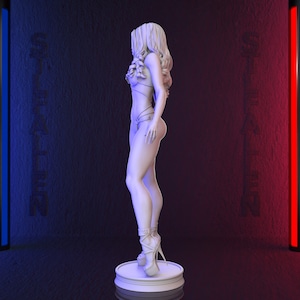 May include: White figurine of a woman wearing a bikini and high heels. The figurine is posed with one leg slightly bent and the other leg straight. The woman's hair is long and flowing.