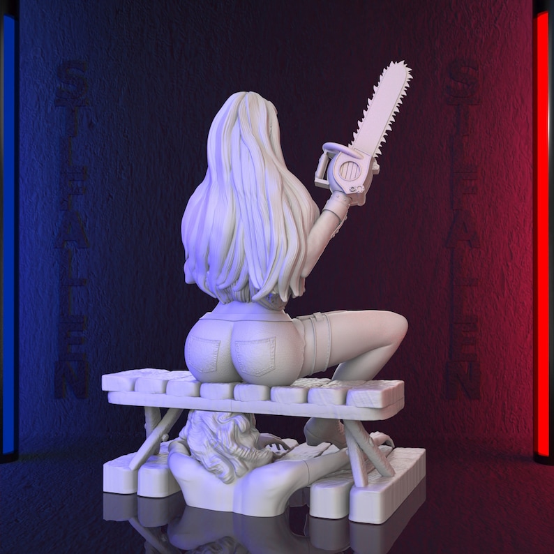 May include: A white sculpture of a person holding a chainsaw, seated on a wooden bench. The figure is wearing denim shorts and a top. The sculpture is set against a dark background with blue and red vertical light bars.
