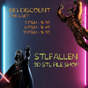 May include: Digital art featuring Darth Vader and Wolverine, with neon light accents. Text reads "BIG DISCOUNT FOR CART" with percentage discounts for multiple items. The shop name "STLFALLEN" is also displayed.