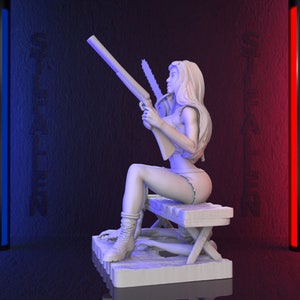 May include: A white figurine of a woman holding a chainsaw and a rifle, seated on a bench. The figure is wearing shorts and boots. The background is dark with blue and red lighting.