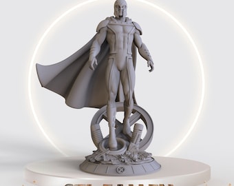 以下が含まれることがあります： X-MENのロゴが付いたプラットフォームに立っている、コミックキャラクター、マグニートーの灰色の像。像はマントとヘルメットを持っています。「STL FALLEN」というテキストがベースにあります。