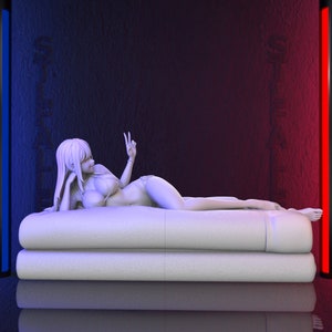 May include: A white figurine of a woman wearing a bikini, lying on a white couch with a blue and red background.