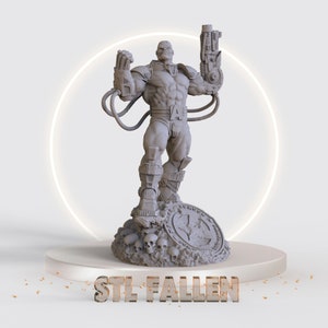 Puede incluir: Una figura impresa en 3D de color gris de una figura musculosa con una gran arma, de pie sobre una base con calaveras y una placa circular que dice "STL FALLEN".