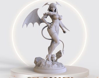May include: A 3D printed figurine of a female demon with wings, a tail, and horns. She is wearing a revealing outfit and standing on a base with a small creature and a tombstone. The figurine is painted in a light gray color. The text "STL FALLEN" is printed below the base.