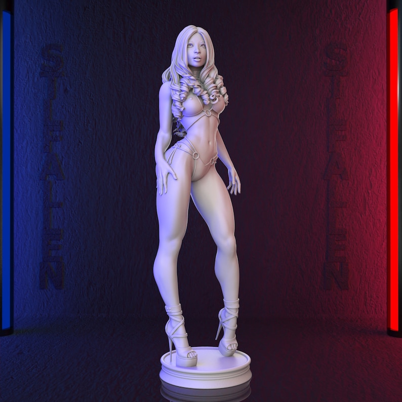 May include: A white figurine of a woman wearing a bikini and high heels. The figurine is posed with one hand on her hip and the other arm raised. The woman has long, curly hair.