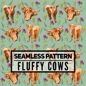 Fluffy Cows Seamless Repeat Pattern, Fluffy Cows Seamless File, Digital Seamless, Highland Cattle Seamless Pattern