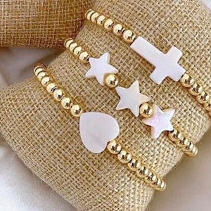 Bracciale Conchiglia bianca naturale Placcato in oro 18 carati Perline / Conchiglie bianche a forma di croce, stella e cuore / Elegante regalo per la festa della mamma
