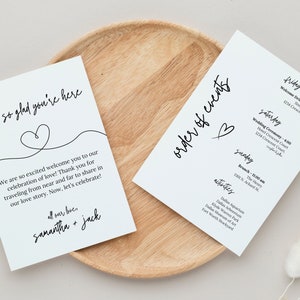 Bruiloft welkomsttas Opmerking | Minimalistische bruiloft evenementen kaartsjabloon, bruiloft evenementen tijdlijn afdrukbaar, moderne bruiloft tijdlijn