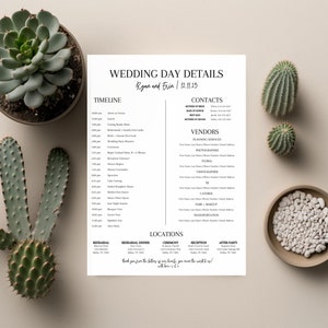 wedding day itinerary with a black and white theme for a modern bride. this wedding day template is an editable wedding itinerary and perfect for a minimalist bride