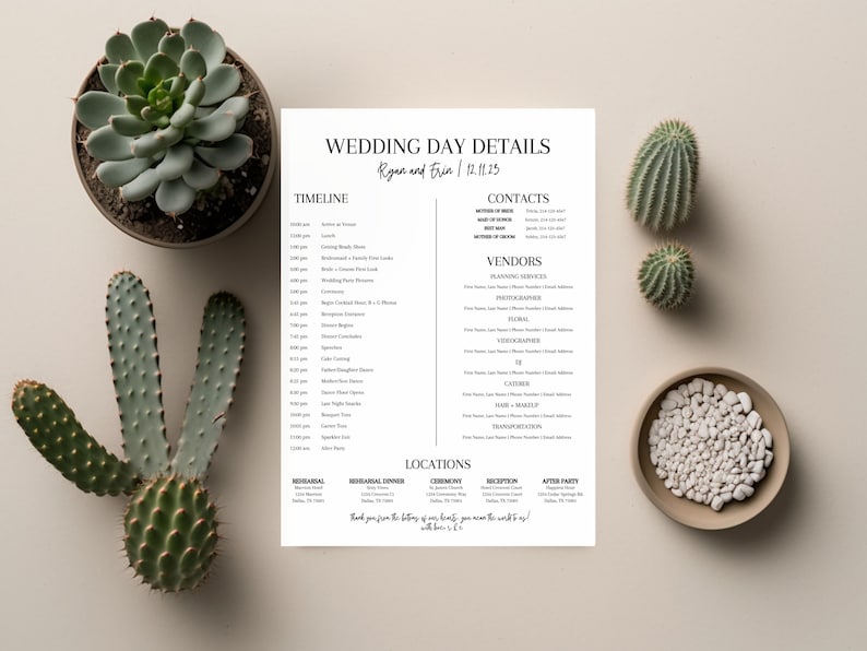 wedding day itinerary with a black and white theme for a modern bride. this wedding day template is an editable wedding itinerary and perfect for a minimalist bride