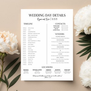 wedding day itinerary with a black and white theme against a pink wall with flowers. these wedding details are perfect for a wedding agenda, including a reception timeline, wedding program, wedding day timeline, and bridal party notes.