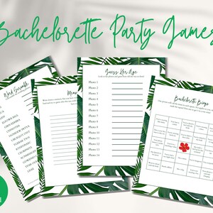 tropical bachelorette party games with bachelorette bingo, guess her age, bridal memory game, and word scramble bachelorette party games for a tropical bachelorette party