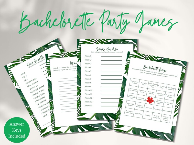 tropical bachelorette party games with bachelorette bingo, guess her age, bridal memory game, and word scramble bachelorette party games for a tropical bachelorette party