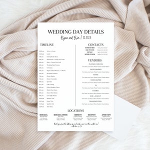 wedding day itinerary with a black and white theme for a modern bride. this wedding day template is an editable wedding itinerary and perfect for a minimalist bride