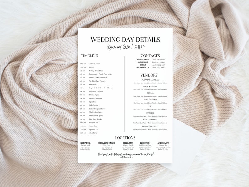 wedding day itinerary with a black and white theme for a modern bride. this wedding day template is an editable wedding itinerary and perfect for a minimalist bride