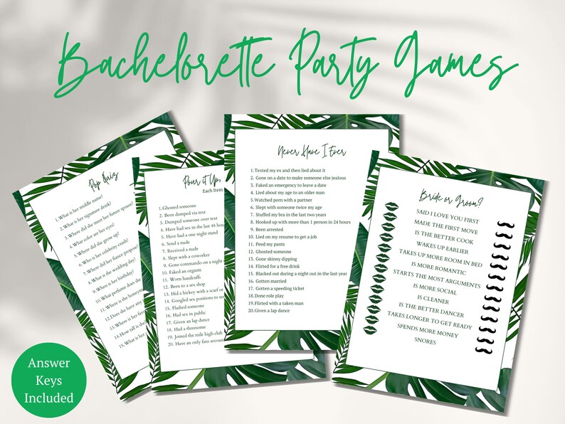 tropical bachelorette party games with pop quiz for bride, never have I ever, porn or polish, bride or groom bachelorette party games for a tropical bachelorette party