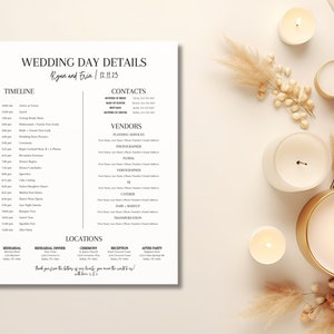 wedding day itinerary with a black and white theme for a modern bride. this wedding day template is an editable wedding itinerary and perfect for a minimalist bride