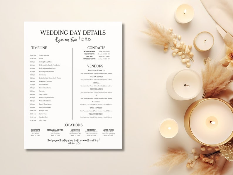 wedding day itinerary with a black and white theme for a modern bride. this wedding day template is an editable wedding itinerary and perfect for a minimalist bride