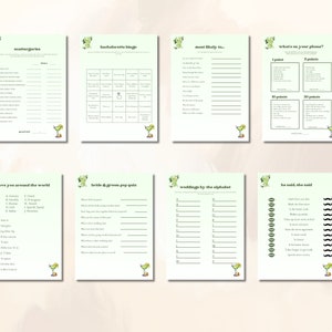 May include: A set of printable bridal shower games with a green and white color scheme. The games include "Scattergories", "Bachelorette Bingo", "Most Likely To", "What's On Your Phone", "Love You Around The World", "Bride & Groom Pop Quiz", "Weddings By The Alphabet", and "He Said, She Said".