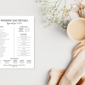 wedding day itinerary with a black and white theme for a modern bride. this wedding day template is an editable wedding itinerary and perfect for a minimalist bride