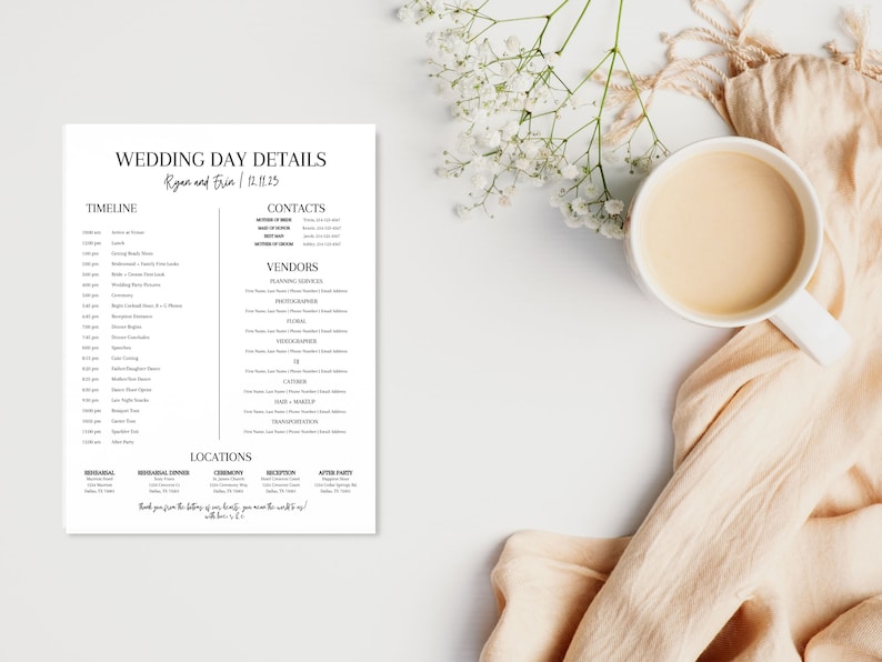 wedding day itinerary with a black and white theme for a modern bride. this wedding day template is an editable wedding itinerary and perfect for a minimalist bride