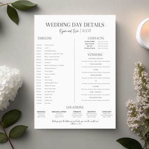 wedding day itinerary with a black and white theme for a modern bride. this wedding day template is an editable wedding itinerary and perfect for a minimalist bride