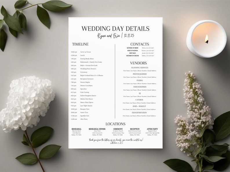 wedding day itinerary with a black and white theme for a modern bride. this wedding day template is an editable wedding itinerary and perfect for a minimalist bride