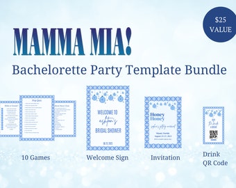 Mamma Mia Bachelorette Party Games Bundle: Invitation, Sign, QR Code (Canva Templates)