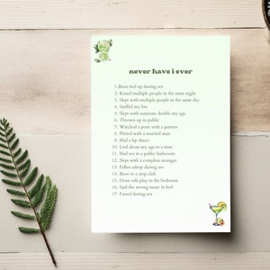 May include: A green and white card with the text "never have i ever" and a list of 17 questions. The card is decorated with a lime green illustration of a lime.