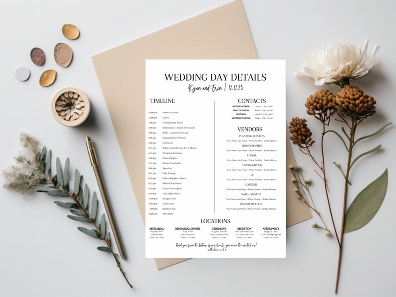 wedding day itinerary with a black and white theme for a modern bride. this wedding day template is an editable wedding itinerary and perfect for a minimalist bride