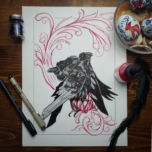 Wisdom&#39;s Wings: 11x14 Mythical Ravens in Nordic-Inspired Pen and Ink Print