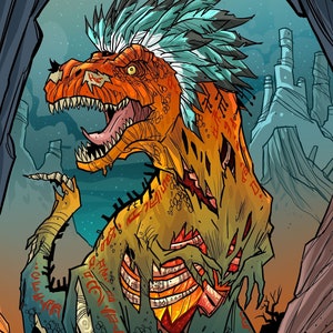 Pode incluir: Uma ilustração de desenho animado de um dinossauro verde e laranja com um mohawk. O dinossauro está rasgado e rasgado, com marcas vermelhas em seu corpo. O dinossauro está em pé em uma superfície rochosa.