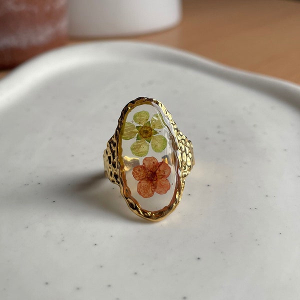 Beautiful Pressed Flower Adjustable Ring, Pink and Green Flower Ring, 18k Gold Plated Ring, Hibiscus Ring, Hibiscus Pressed Flower Ring