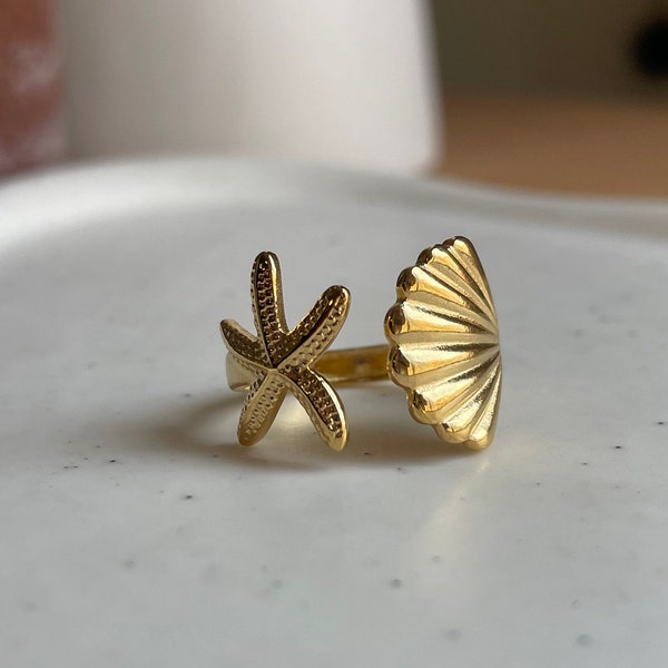 Starfish and Shell 18k Gold Plated Ring, Beach Ring, Surfer Ring, Summer Ring, Shell Ring