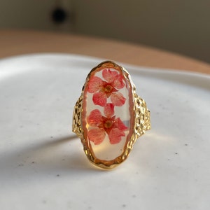 Beautiful Pressed Flower Adjustable Ring, Hibiscus Ring, Hibiscus Pressed Flower Ring, Hibiscus Gold Plated Ring