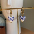 Heart Shape Mediterranean Tile Huggie Hoops, Blue and White Tile Huggie Hoops, European Tile Earrings, Italian Coast Inspired Earrings