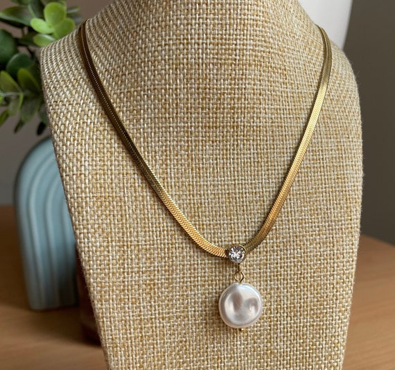 18k Gold Plated Snake Chain Necklace with Pearl Pendant and Earrings, Herringbone Necklace, Pearl Necklace, Snake Chain