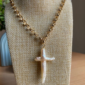 Freshwater Pearl Cross Necklace, Pearl Cross Necklace, Cross Charm, 18k Gold Plated Cross Necklace