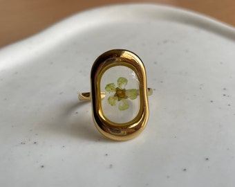 Green Pressed Flower 18k Gold Plated Ring