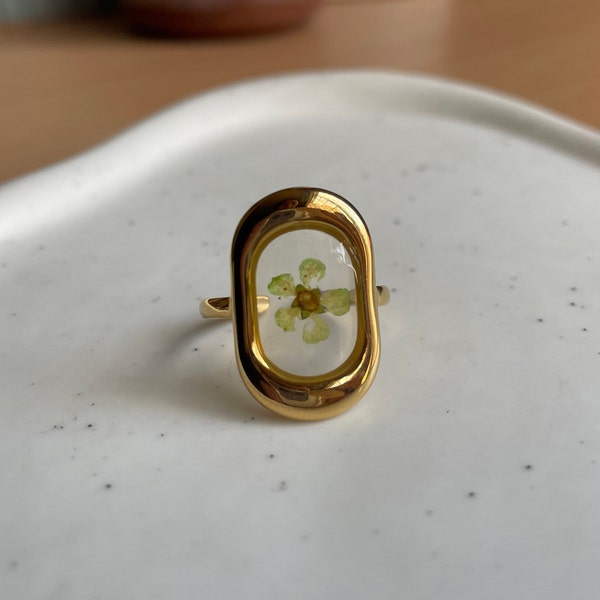 Green Pressed Flower 18k Gold Plated Ring