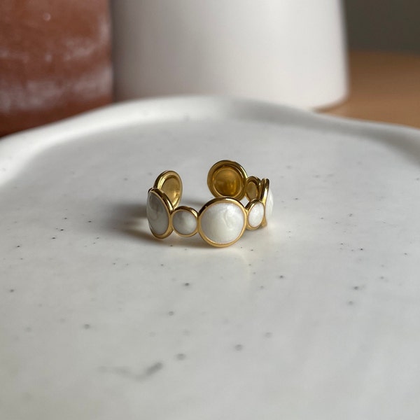 Mother of Pearl Ring, 18k Gold Plated Ring, Glazed Circles Ring