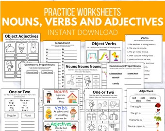 60 Nouns, Verbs, Adjectives Worksheets, parts of speech classroom poster, grammar, for teachers, homeschool, instant download, printable