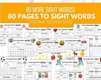 80 more Sight Words, Printable Worksheets, Spelling, Writing, Sentences, Reading, Word Recognition, Instant Download