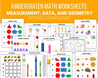 Más de 20 hojas de trabajo básicas comunes de matemáticas para jardín de infantes, medidas, datos y formas, imprimibles, divertidas y coloridas, preescolar, maestros, educación en el hogar