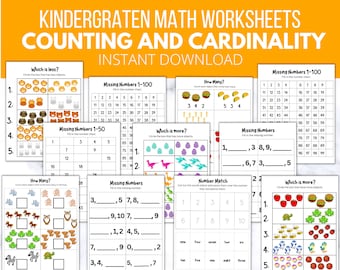 30+ Counting Kindergarten Math Common Core Worksheets, Number sense, Counting to 10, 20, 50, and 100, Homeschool, Teachers, Fun and Colorful