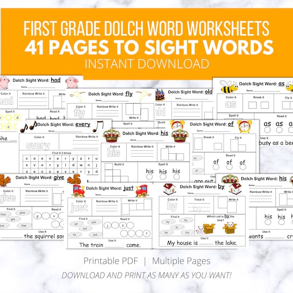 41 First Grade (1st) Dolch Word Worksheets, instant download, first grade, reading, writing, spelling